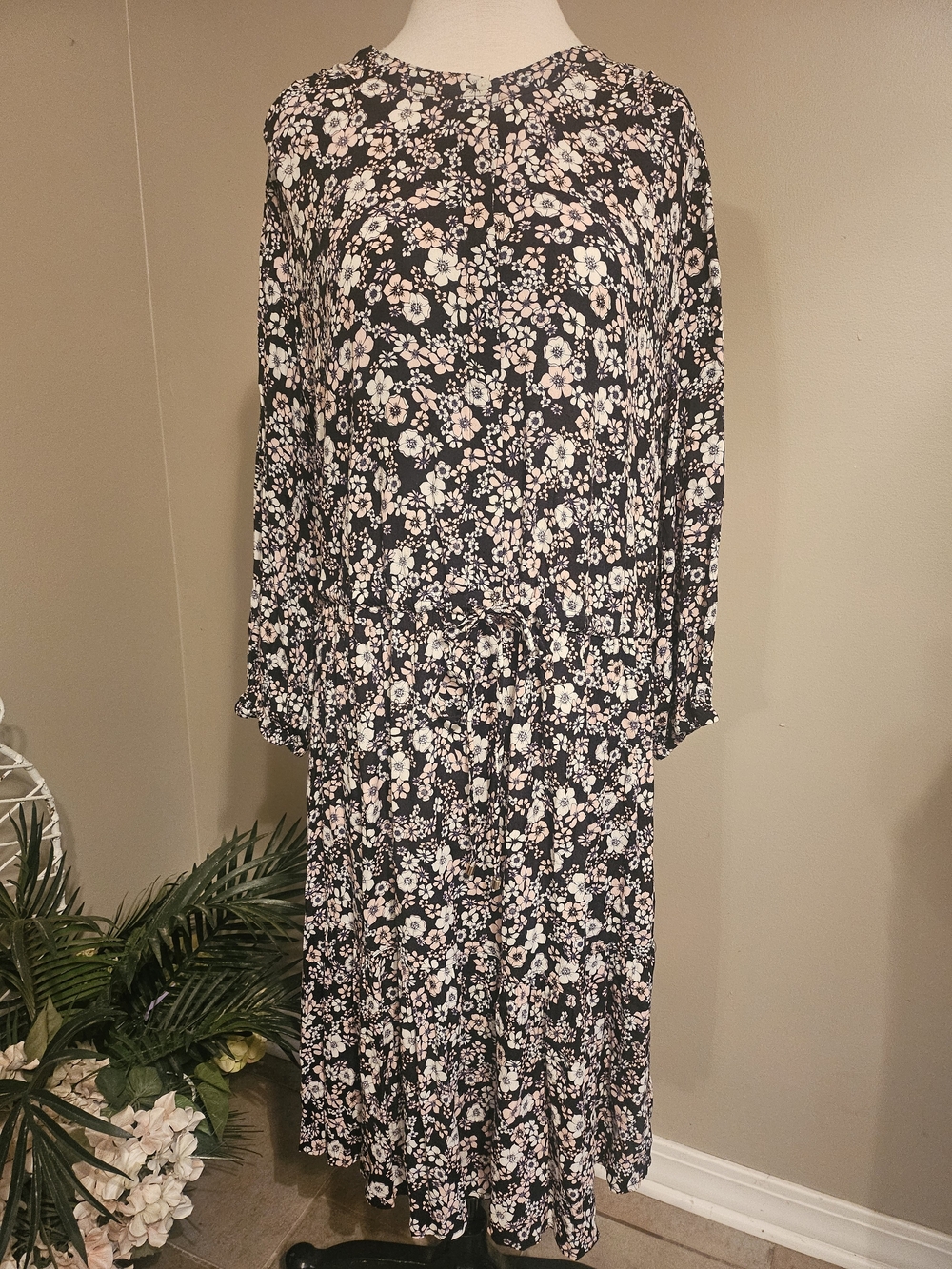 Tommy Hilfiger Black Floral Maxi Dress with Pink and Cream Blooms